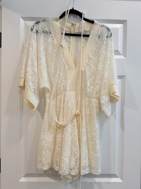 Cream Lace V-Neck Romper with Rope Tie Belt